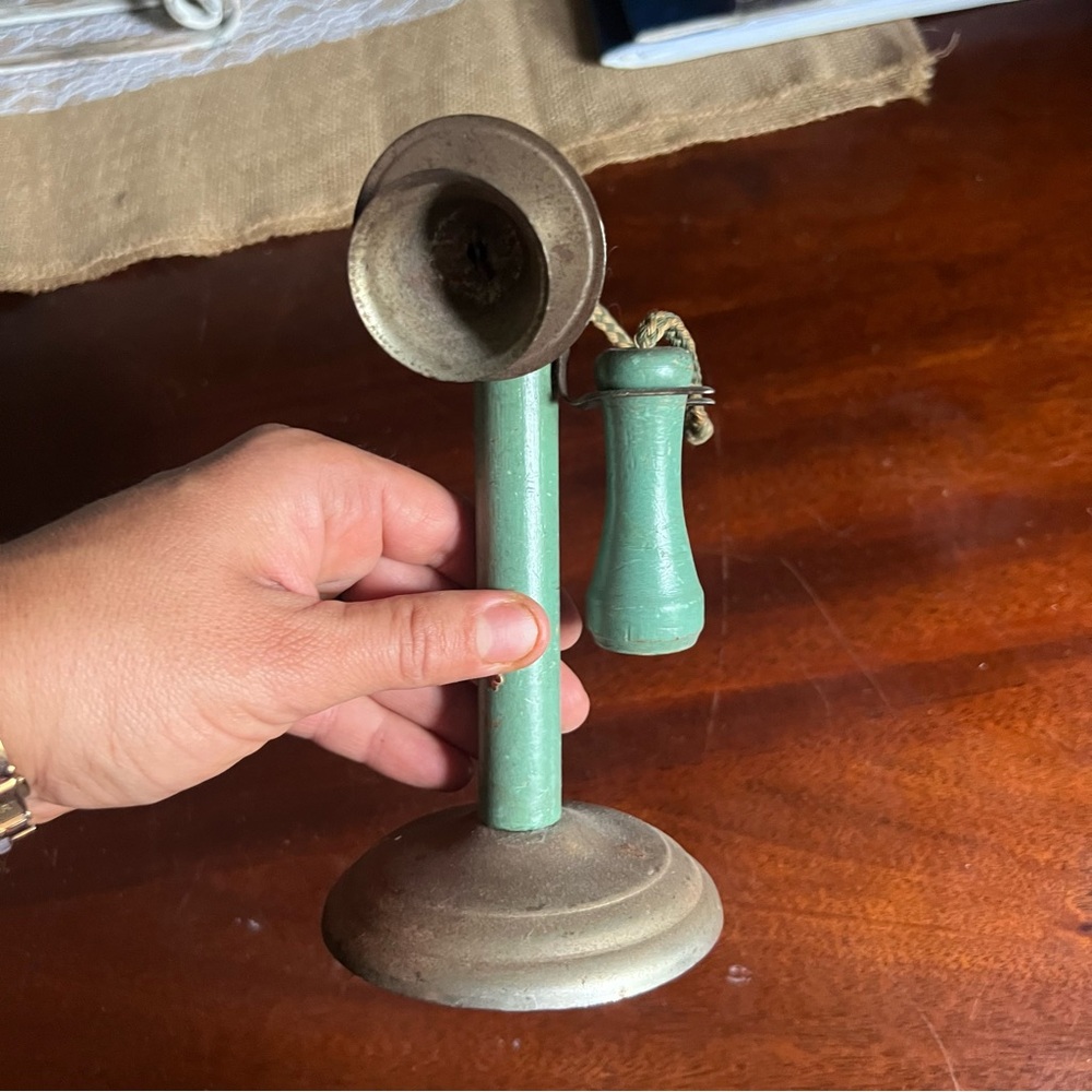 Rare antique children’s toy candlestick phone. Wood handle, aluminum frame, cord